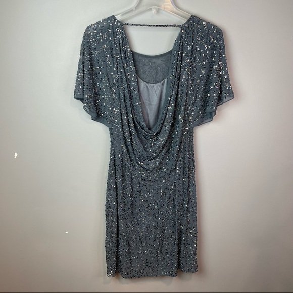 Blue/Grey Beaded Sequin Flutter Sleeve Cocktail Dress size 2 Aiden Mattox - Picture 6 of 9